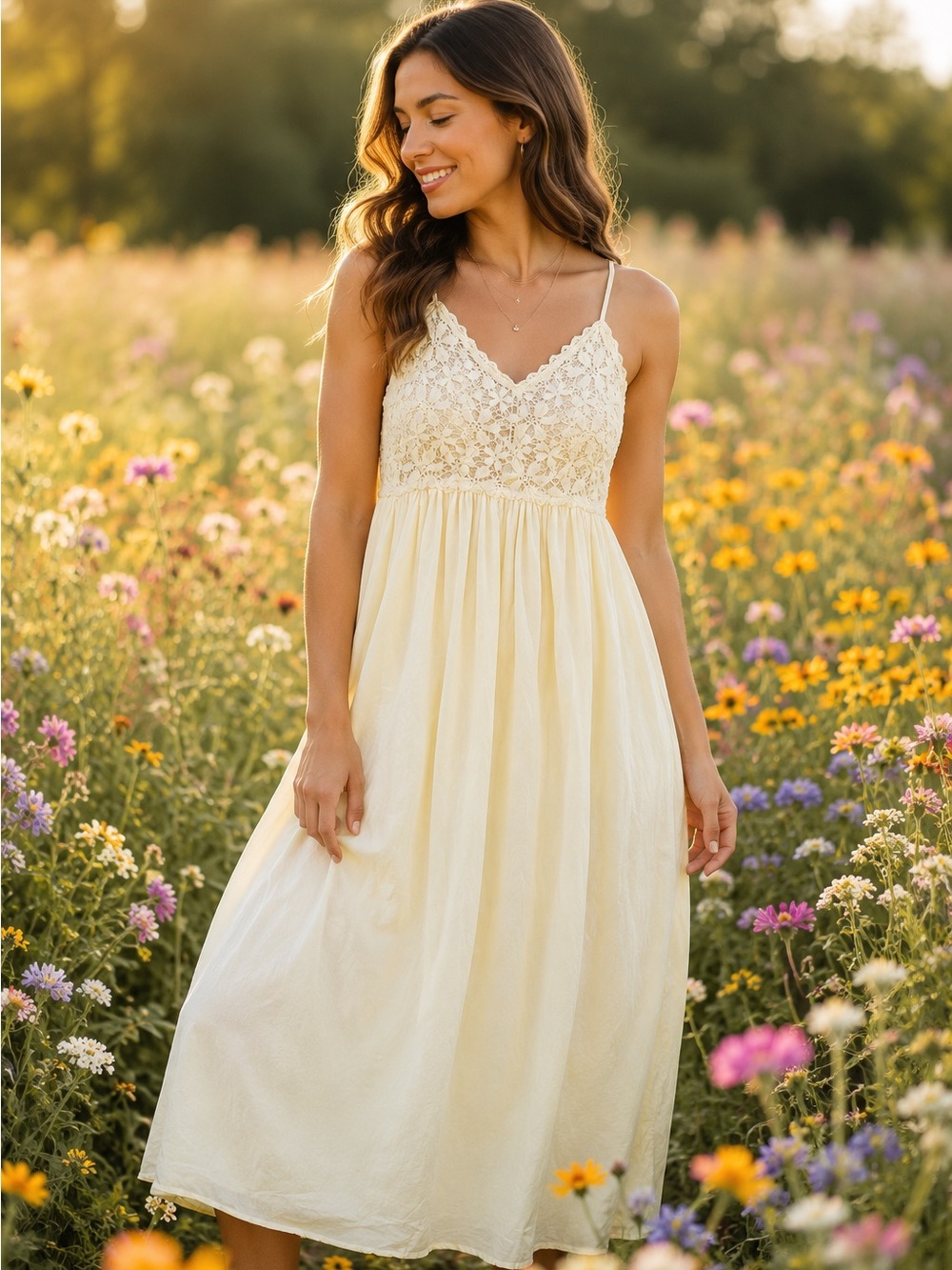 HYFVE Light Yellow Summer Midi Lace Dress Size Juniors Small
